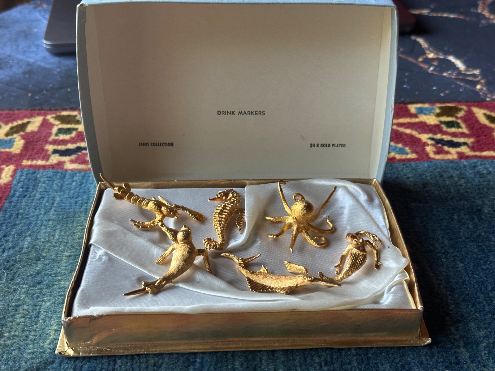 Rare Vtg Tancraft Janis Collection 24K Gold Plated Cocktail Markers 6 Pcs w/Box