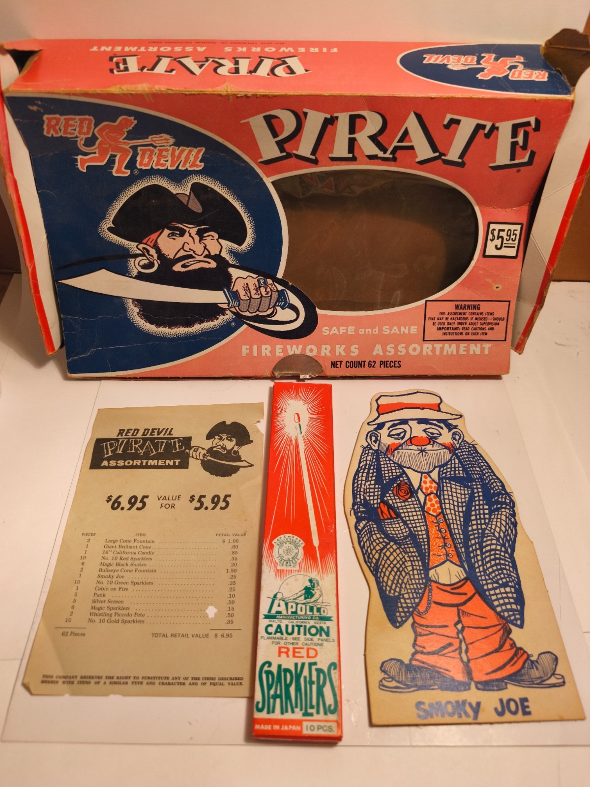 1960's Empty Box Pirate Red Devil Fireworks With Smoky Joe + Xtras See Cond.