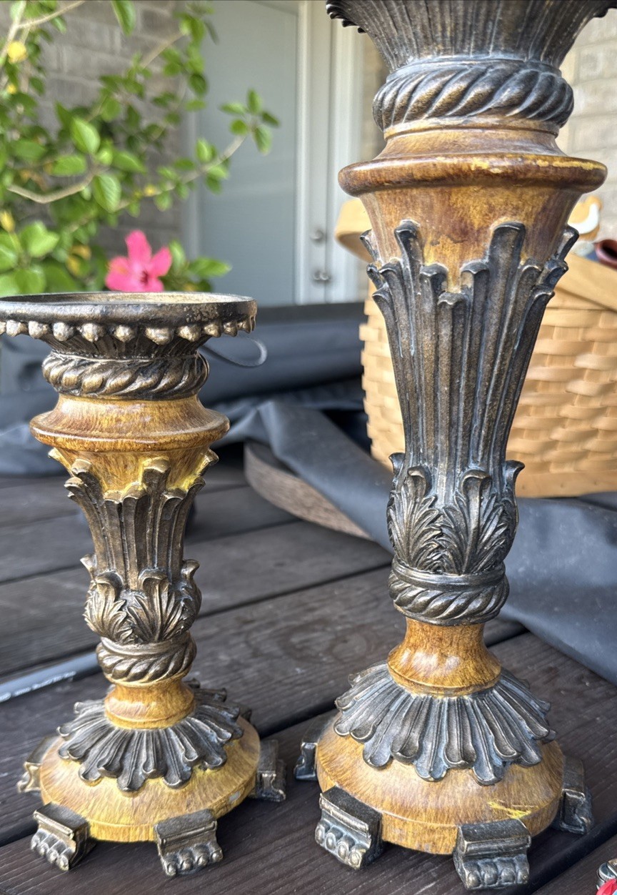 Pair of vintage decorative resin pillar candle holders with bronze finish