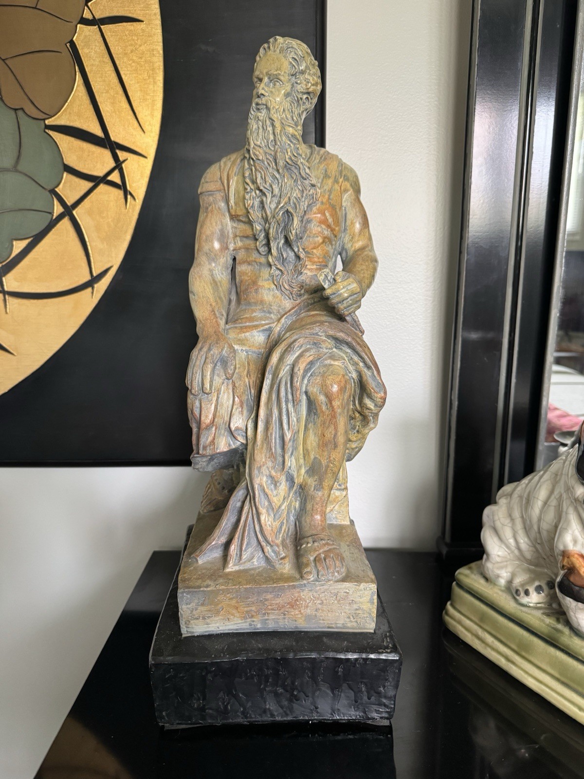 Moses Seated Bearded Man Resin Statue Antique Finish on Black Base 3D Effect