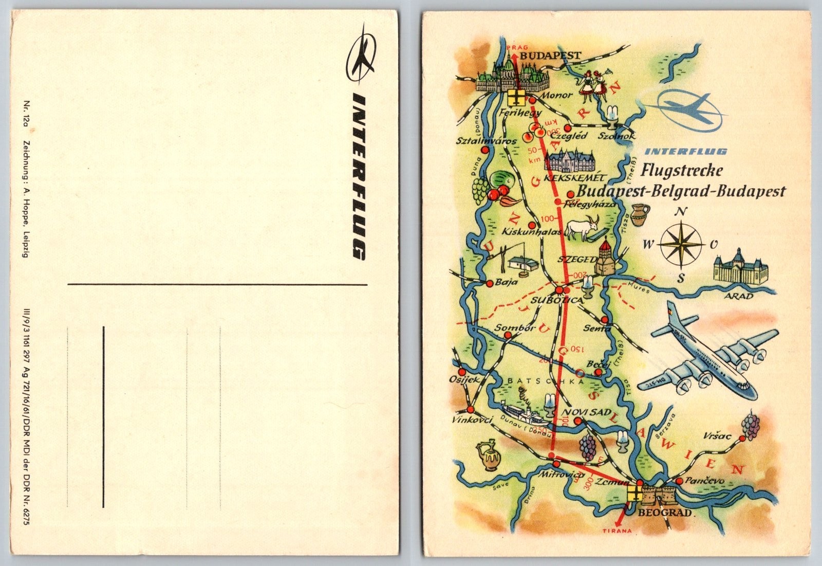 Continental Interflug Airline Flight Route Map Budapest Belgrade Danube Postcard