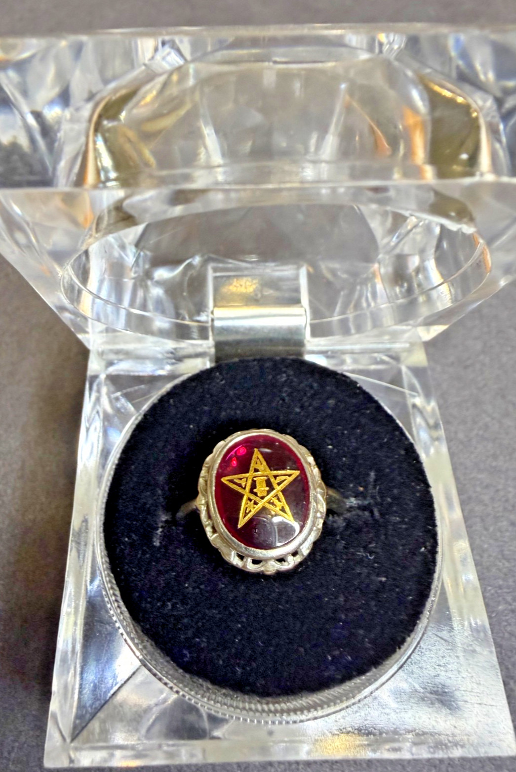 Vtg 10K White Gold Order of the Eastern Star OES Masonic syn Ruby Ring HO sz 6.5