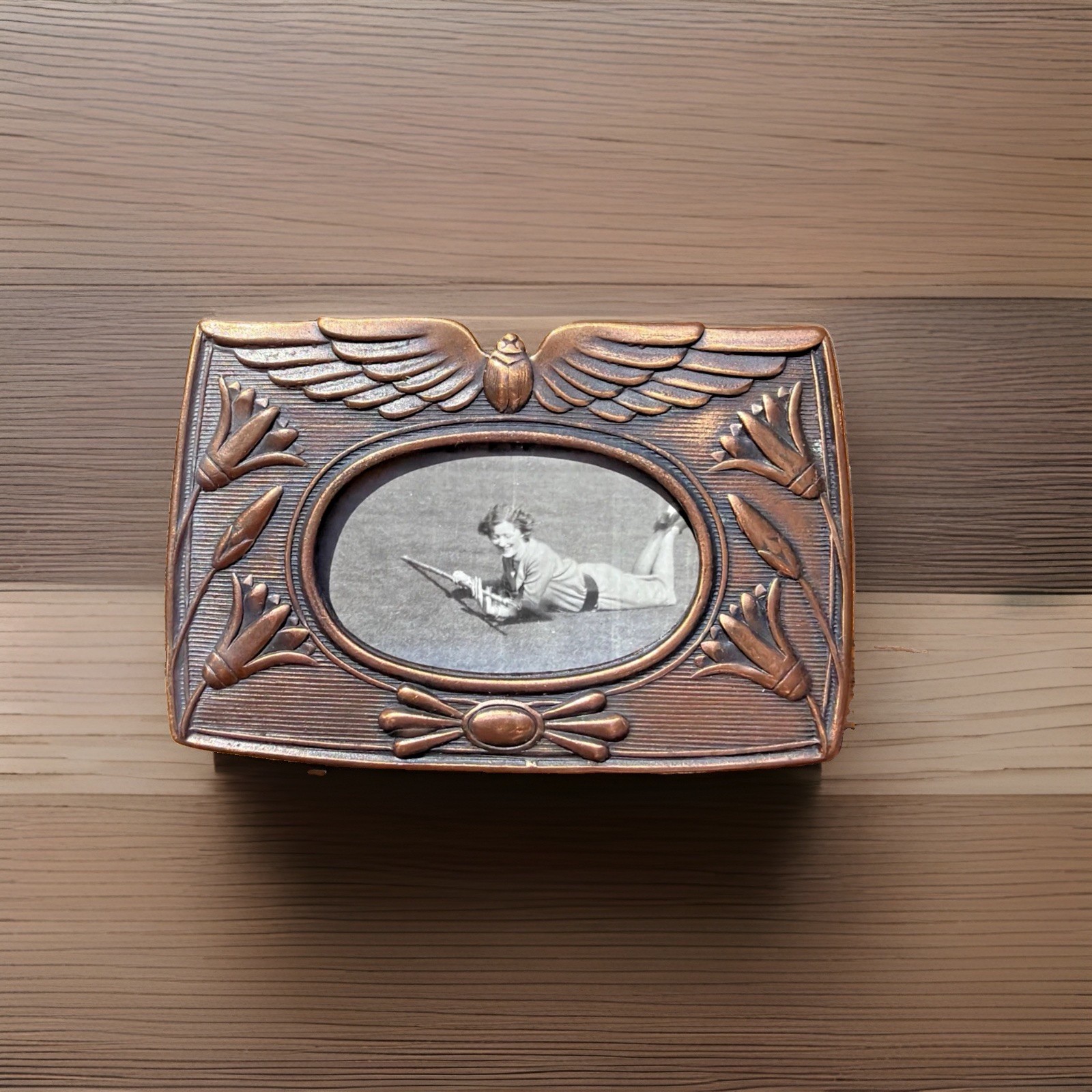 Antique J.J. Cordano Egyptian Revival Scarab Miniature Picture Frame 3x2