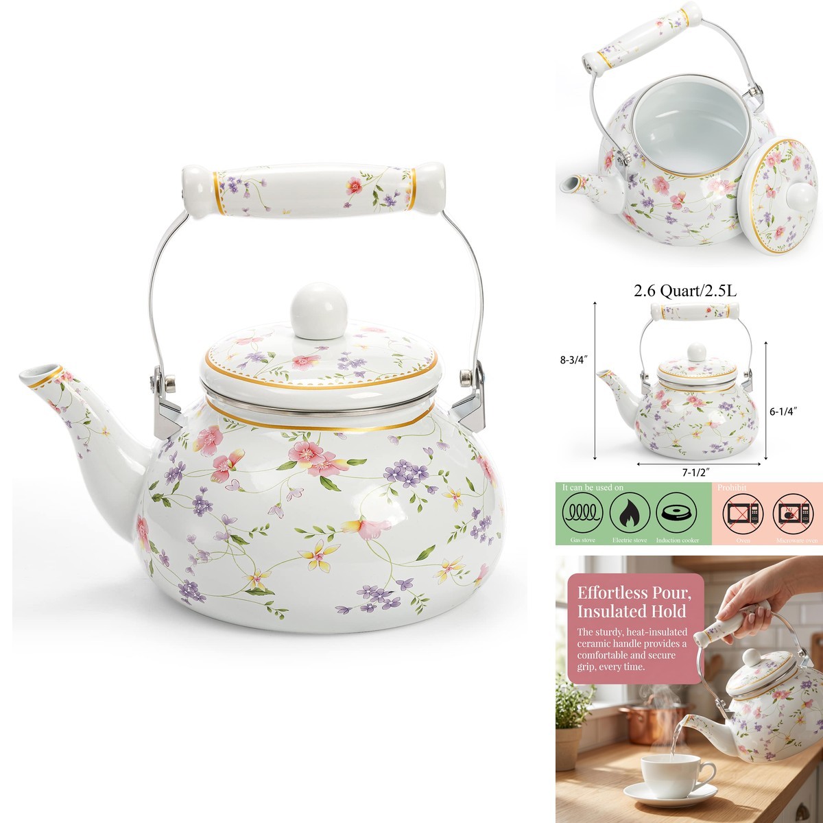 Jucoan Vintage Enamel Tea Kettle 2.6 Quart Rose Floral