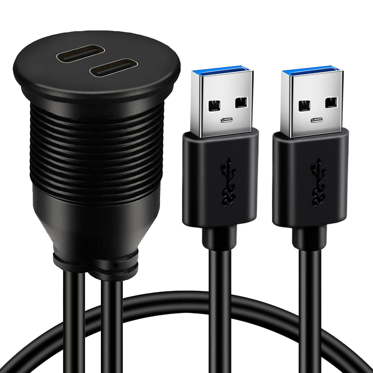 Dual Port USB 3.0 Male to 2 Ports Type C 3.0 Female Car Flush Mount Cable USB C
