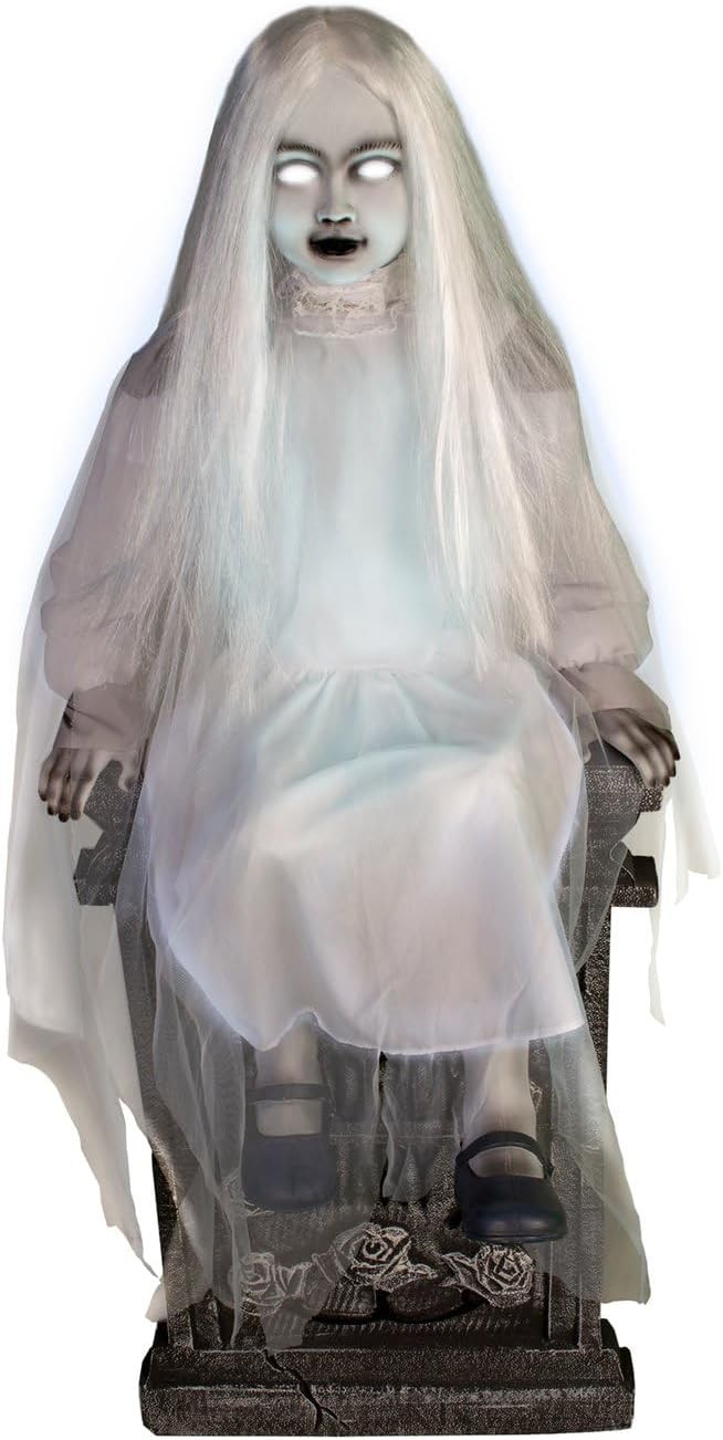 4-Ft Sitting Tombstone Girl Animatronic by Tekky | 4-Ft Motion-Activated Sitting