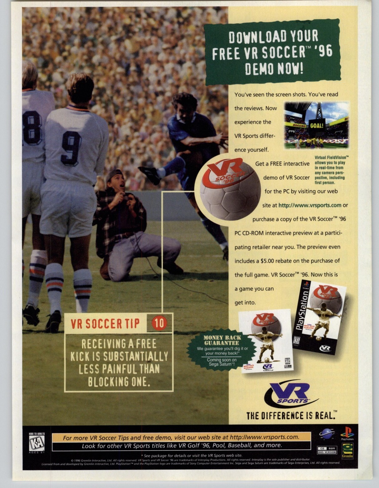 VR Soccer 96 Playstation 1 PS1 Video Game Art 1996 Vintage Print Ad/Poster 