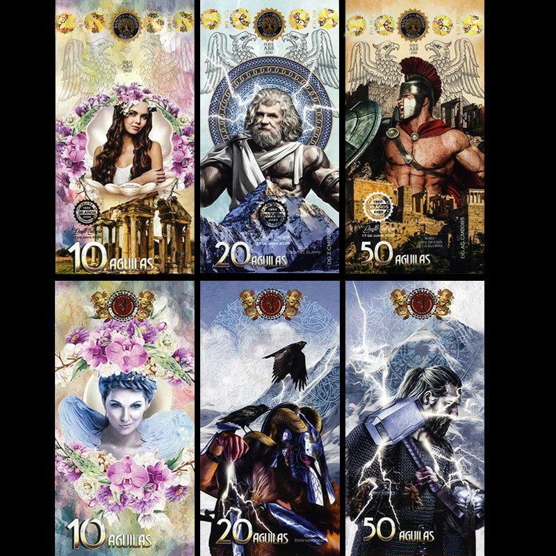 LOT 3Pcs El Club De La Moneda 2020, Art Ploymer Note, 10;20;50 Greek Mythology