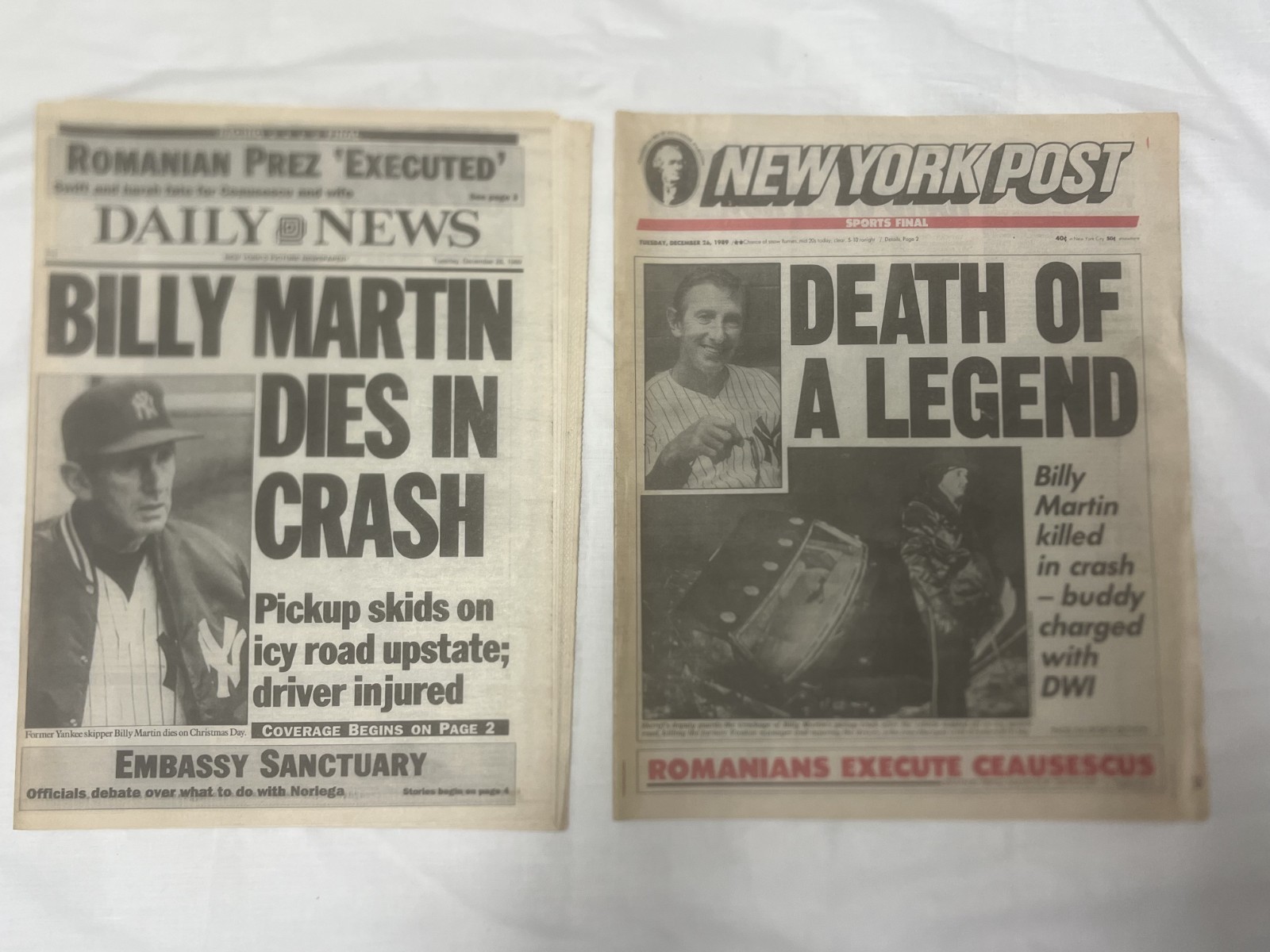 NY Daily News & Post 12/26/89 Billy Martin Dead Crash Yankees Vintage