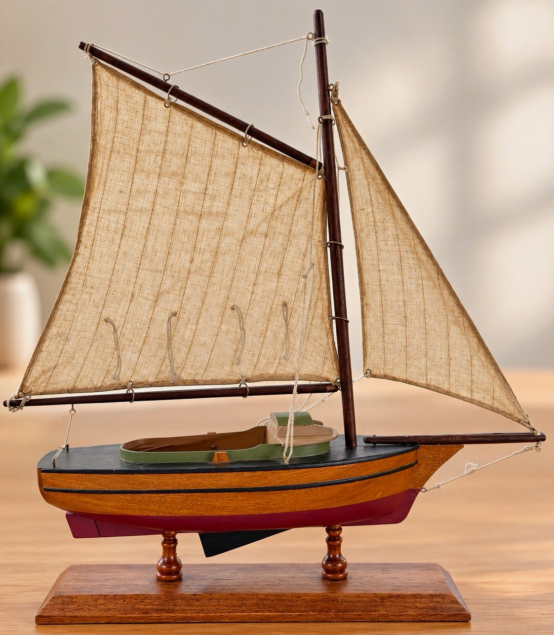 Vintage Wooden Sailboat Model Cloth Sails Wood Stand Nautical Decor ~ 22 in