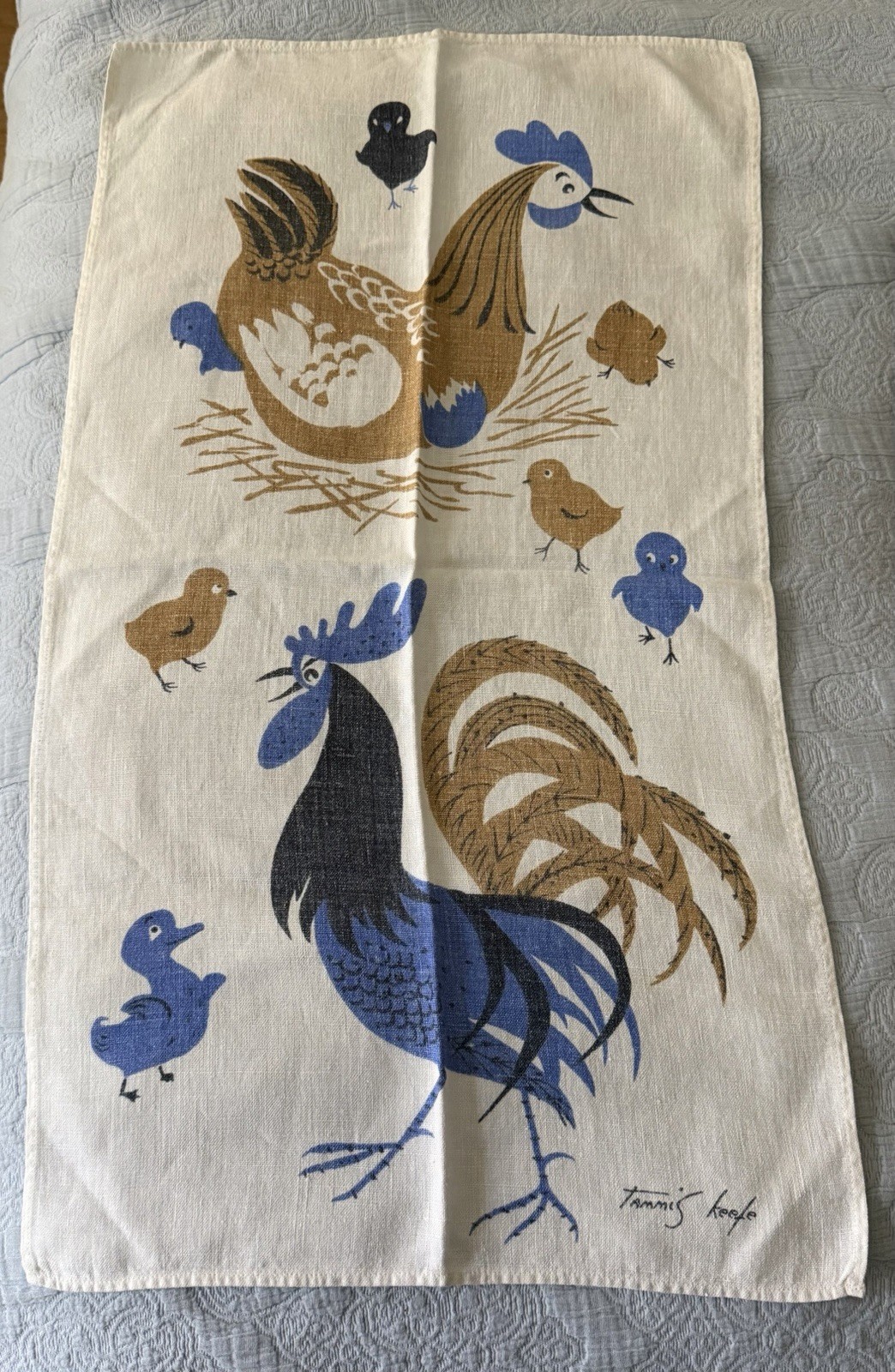 Vintage Tammis Keefe Linen Tea Towel Blue and Brown Roosters Hens Farmhouse MCM