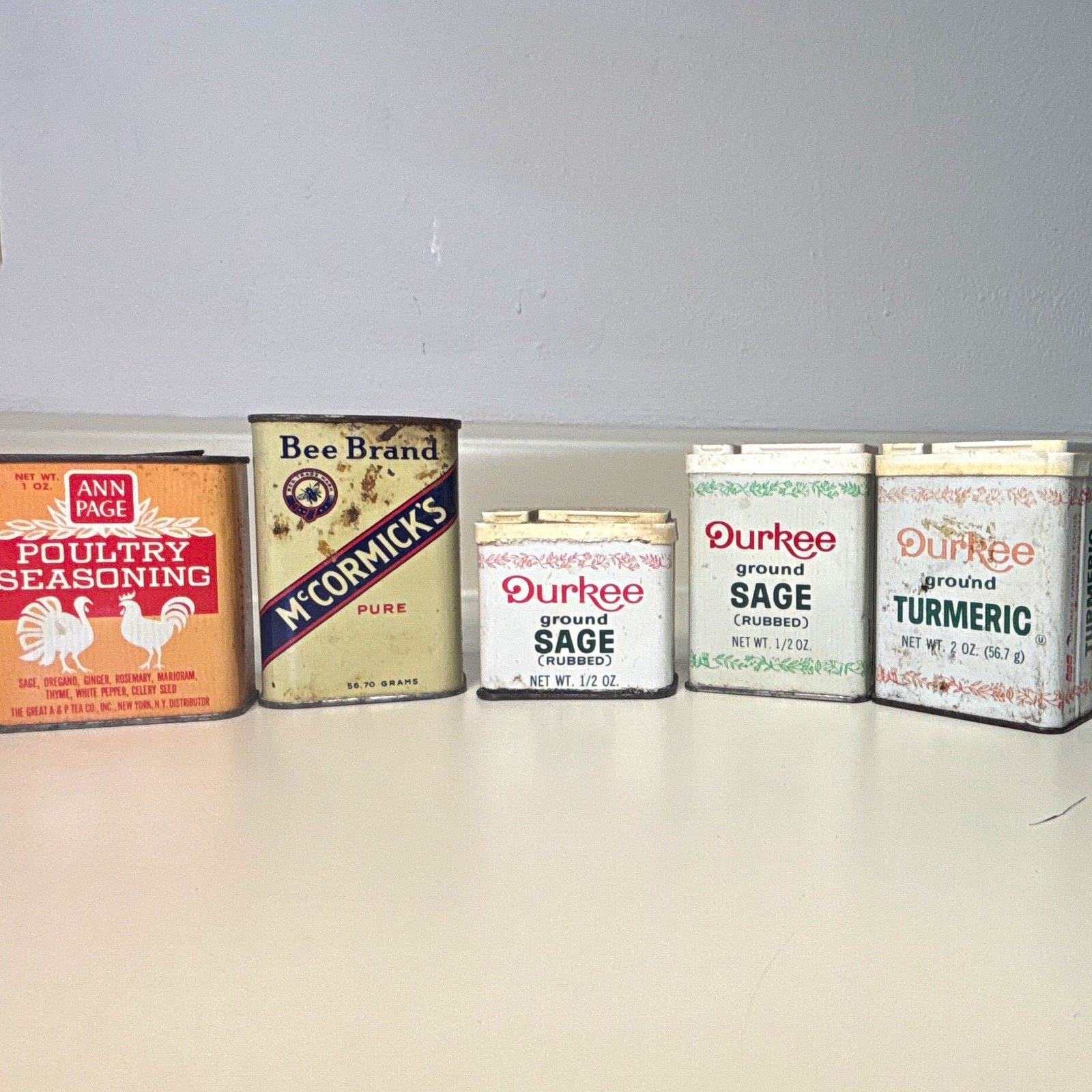 Ann Page McCormick\'s Durkee Vintage Spice Tin Lot 5 (2) Sage Turmeric