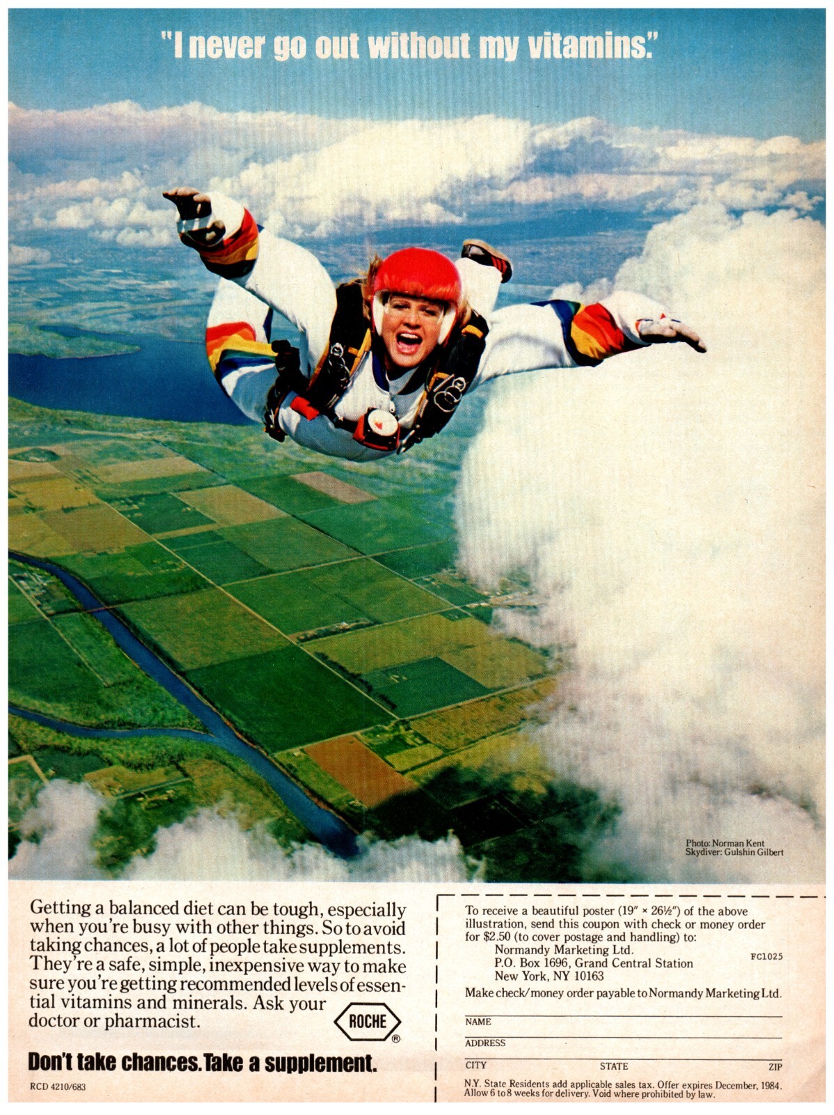 1983 Roche Print Ad, Gulshin Gilbert Skydiver I Never Go Out Without My Vitamins