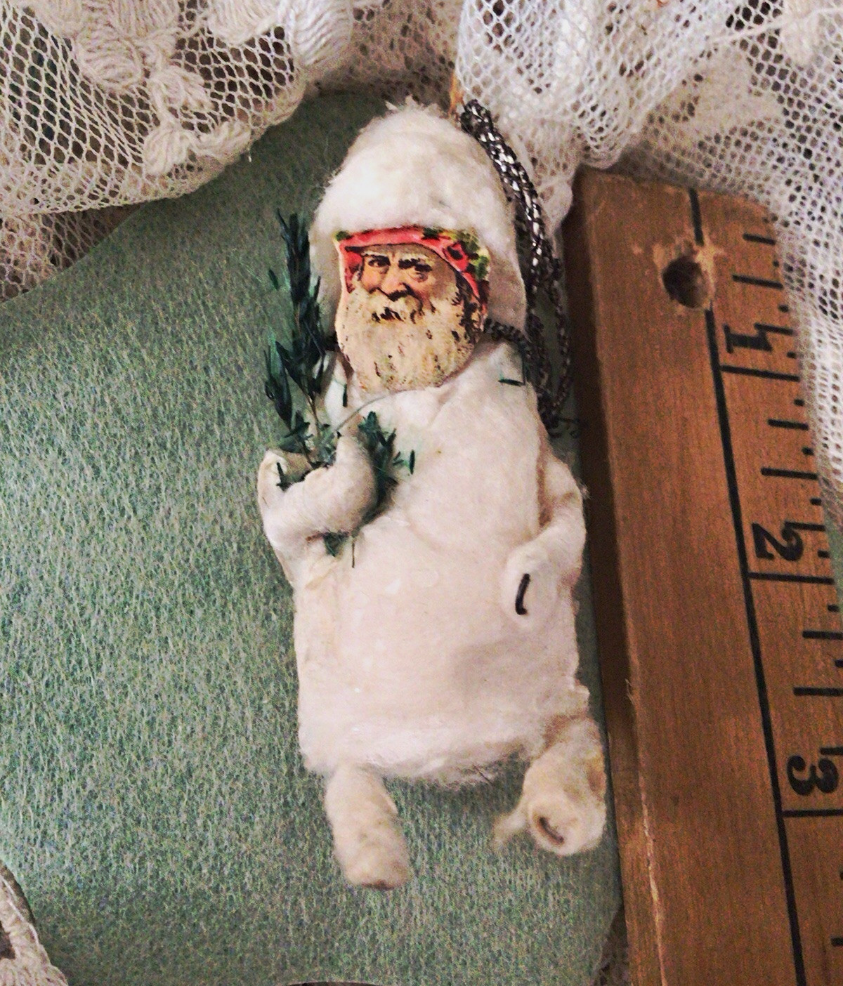 Antique German Santa/Spun Cotton Santa Claus Xmas Ornament Lithograph Scrap