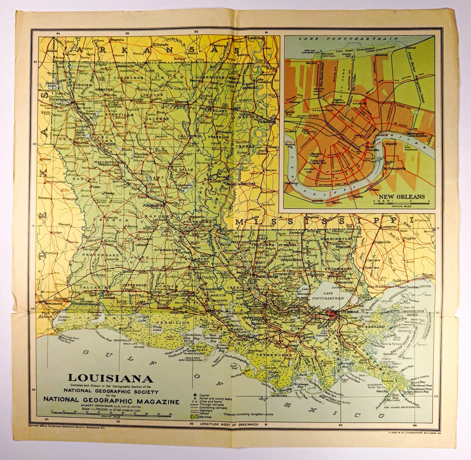 1930 National Geographic Louisiana Map Vintage New Orleans Inset Original