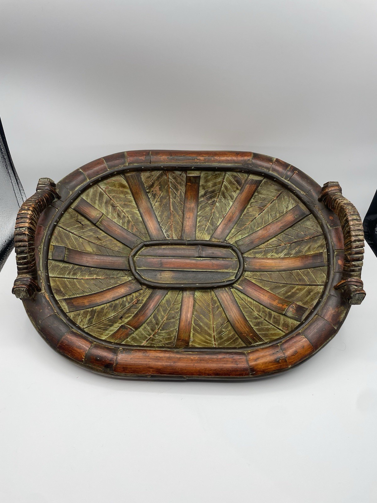 Beautiful Antique Chinese Bamboo Wood Tray With Leaves Design Handmade