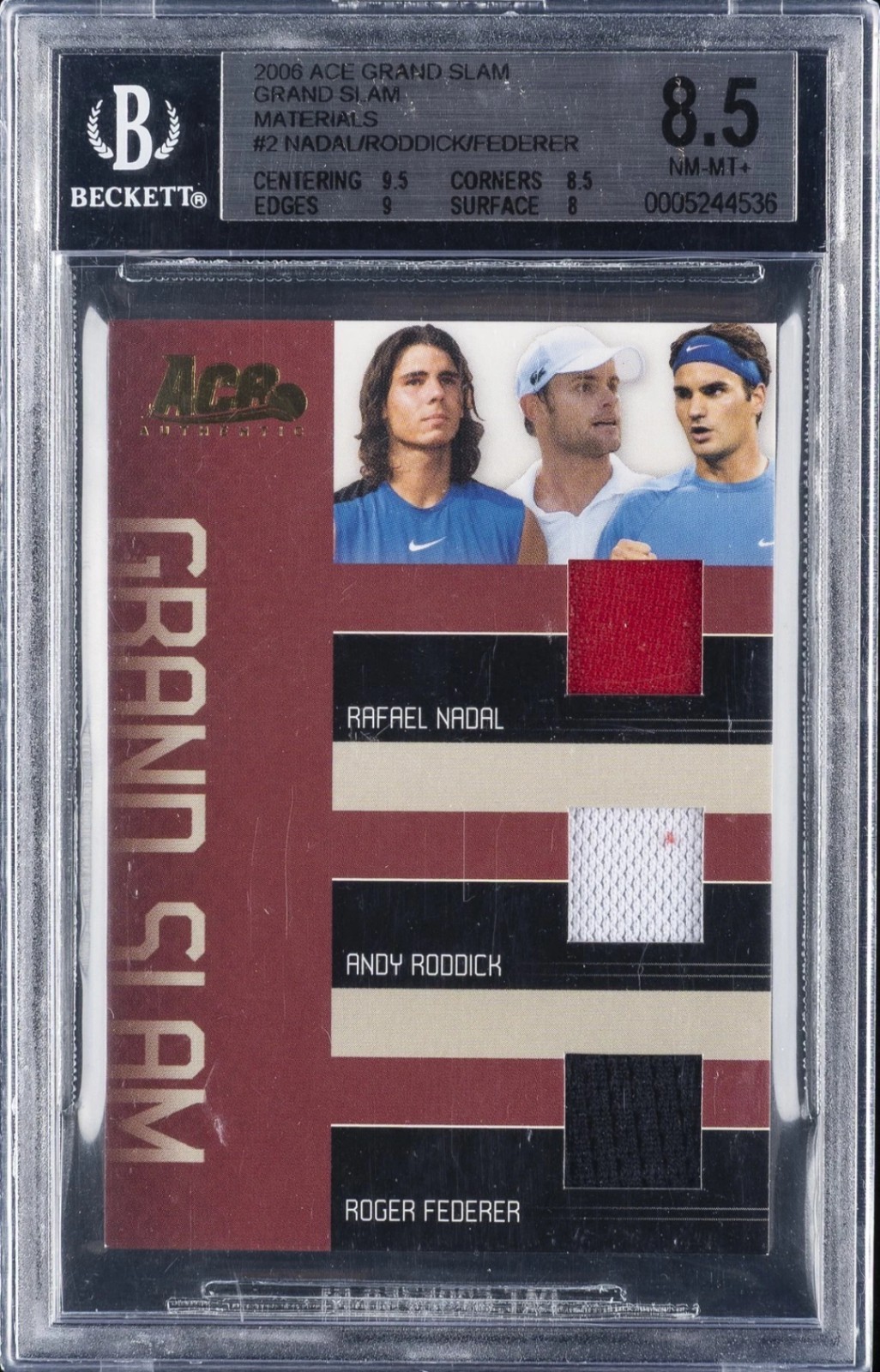 2006 Ace Authentic Grand Slam Federer Nadal Roddick Triple Jersey #GS-2 BGS 8.5