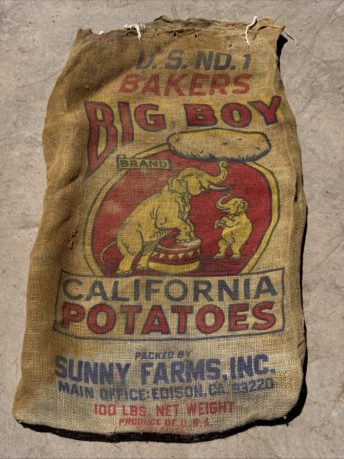 VTG Bakers Big Boy California Potatoes Burlap Bag 100 lb Gunny Sack Rare Antique