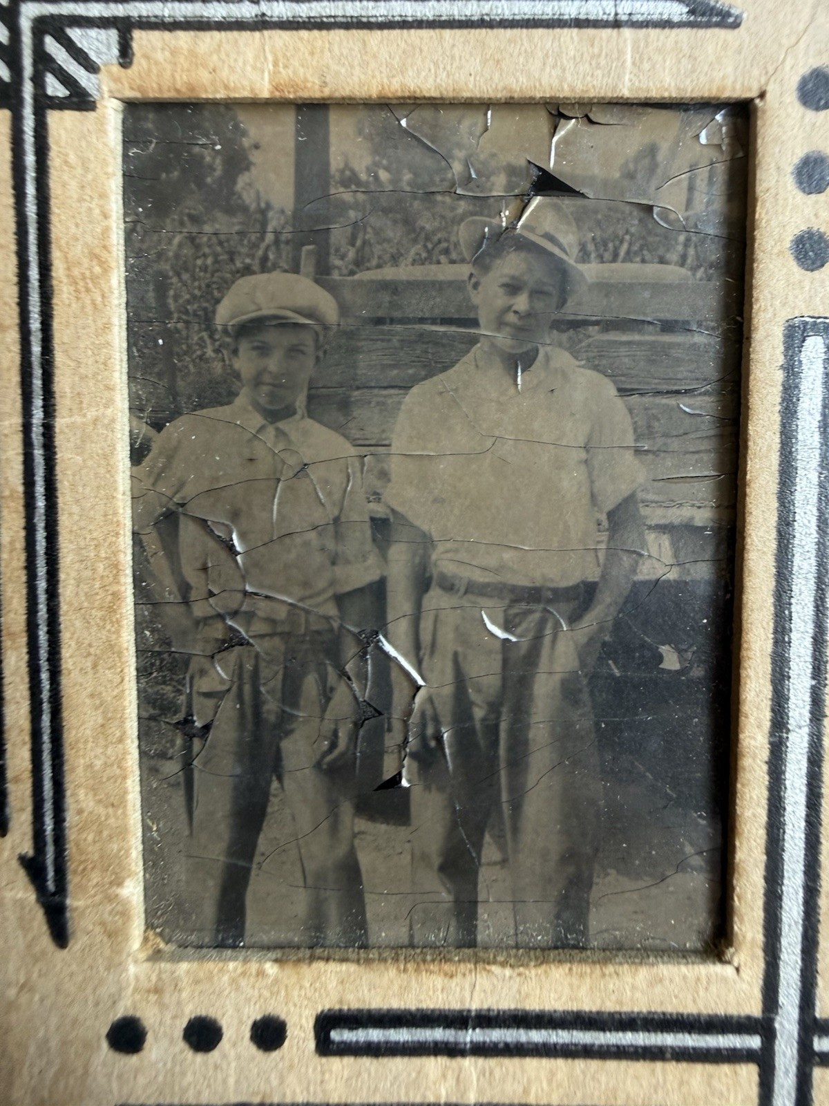 Original 1920s Vernacular Snapshot Art Deco Photo Mount 2 Young Men In Knickers