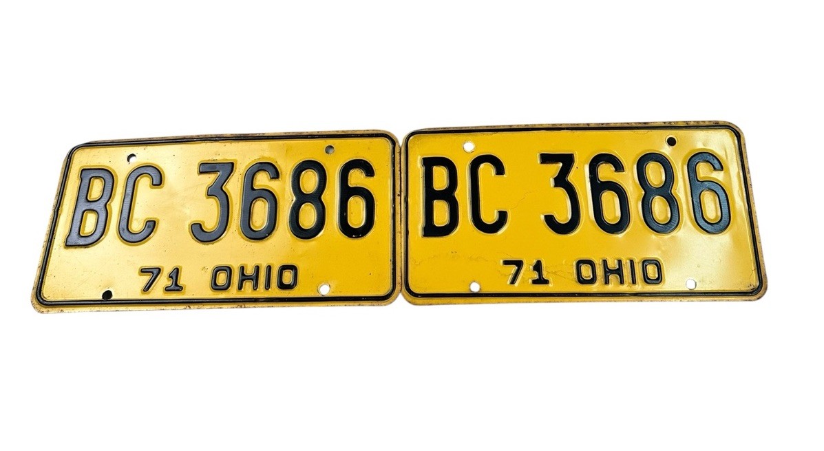 Vintage 1971 Yellow Ohio License Plate Pair BC 3686