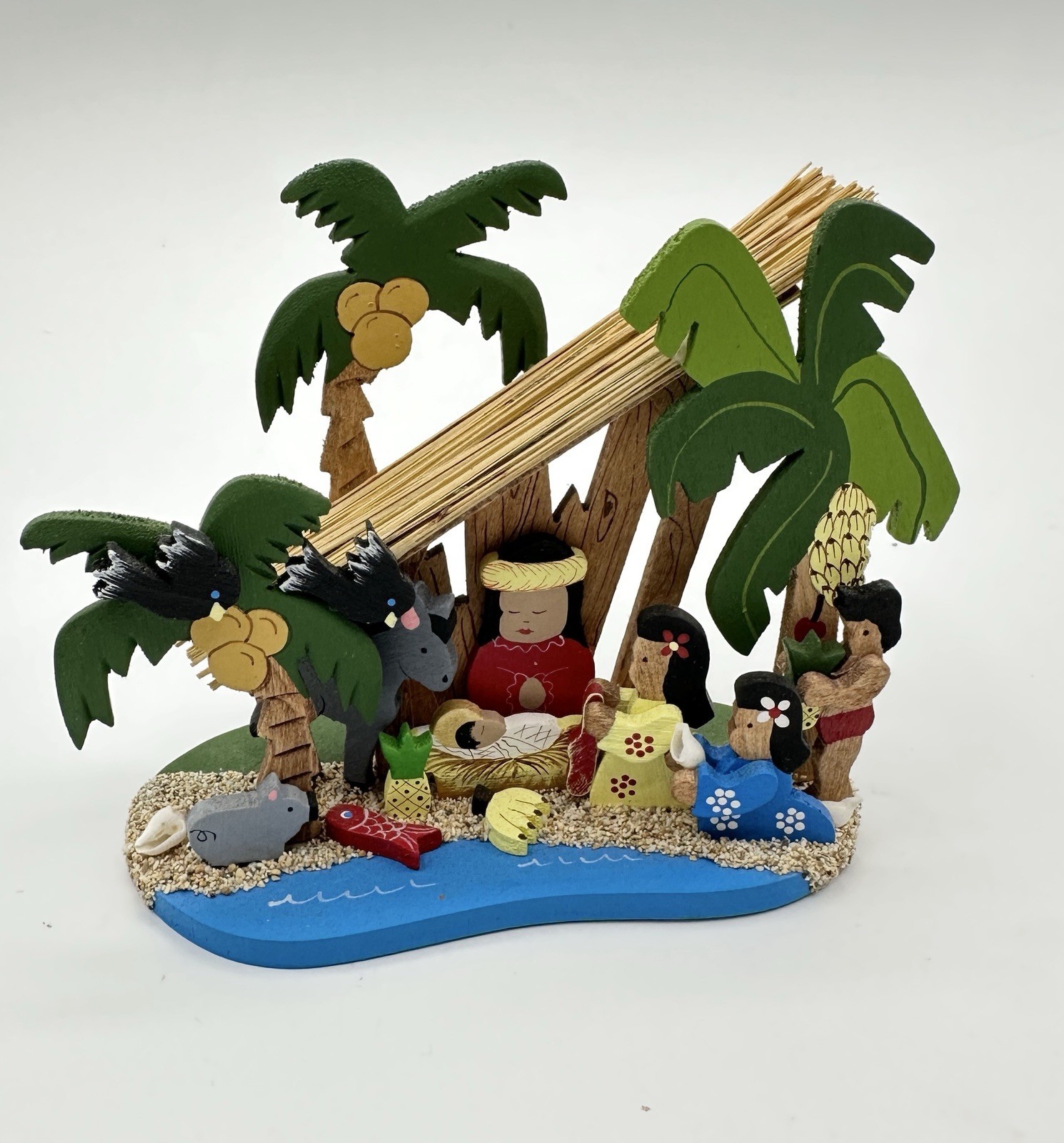 Vintage 1981 Emgee Hawaiian Nativity Scene Wood Straw Creche Island Christmas 5\