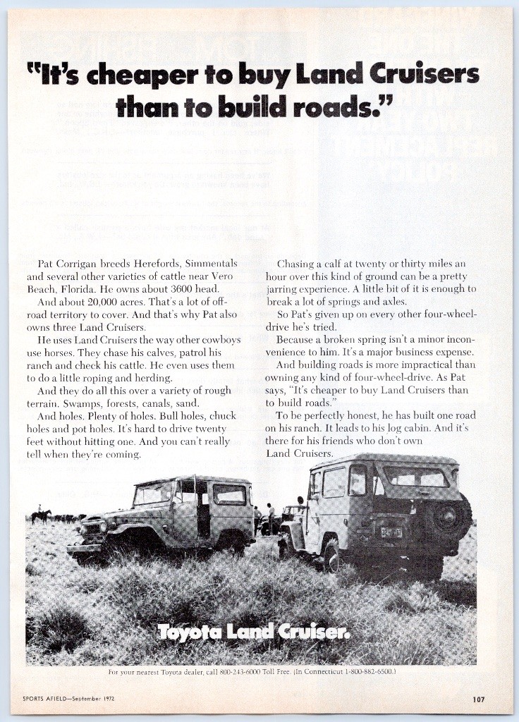 Toyota Land Cruiser FJ40 Cheaper to Buy Than Build Roads Man Cave 1972 Print Ad