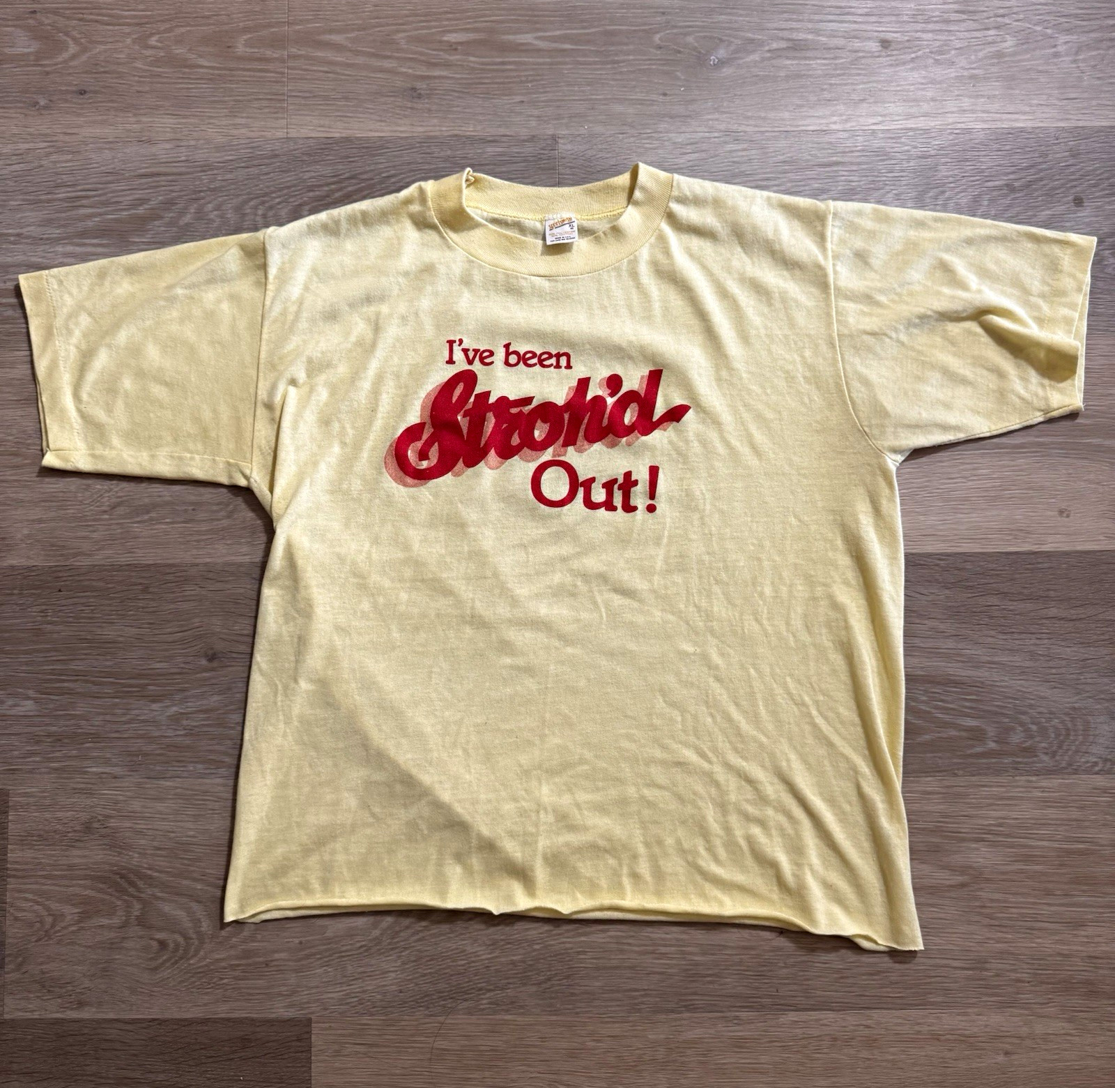 Vintage 1982 Schlitz “I’ve Been Stroh’d Out” Graphic T-Shirt Cropped Size XL