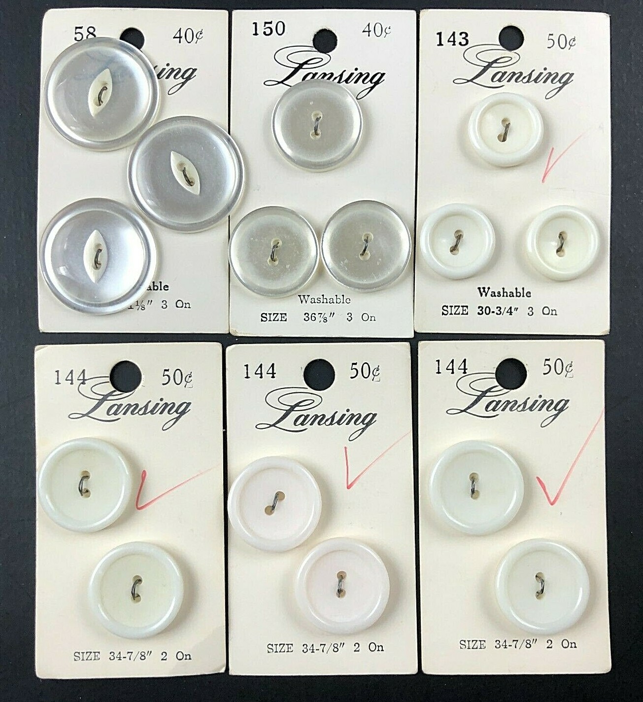 Vintage NOS Sewing Buttons on Card Lot Lansing Clear White New Old Stock Textile