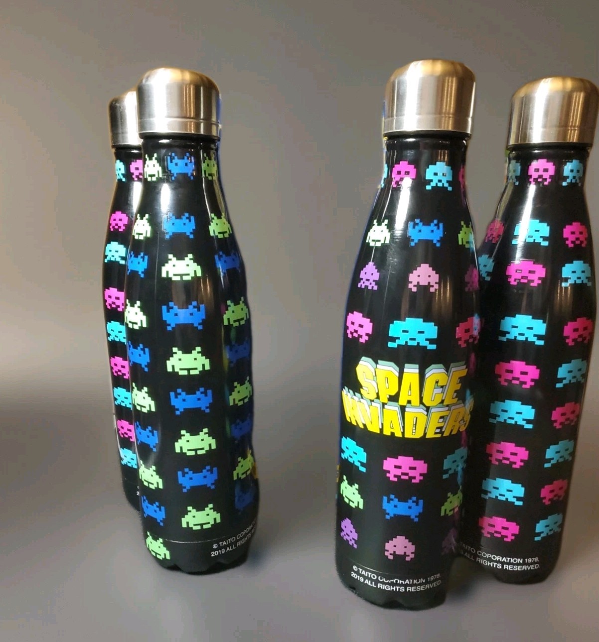 Taito Atari SPACE INVADERS ALUMINUM Water BOTTLE 4 Pack Set New NIB