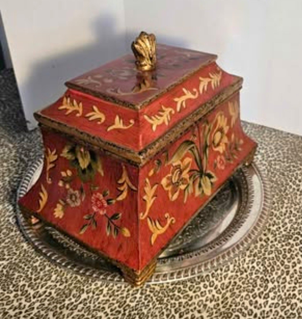 Hand-Painted Floral Wooden Trinket Box with Lid, Red/Gold Rectangle