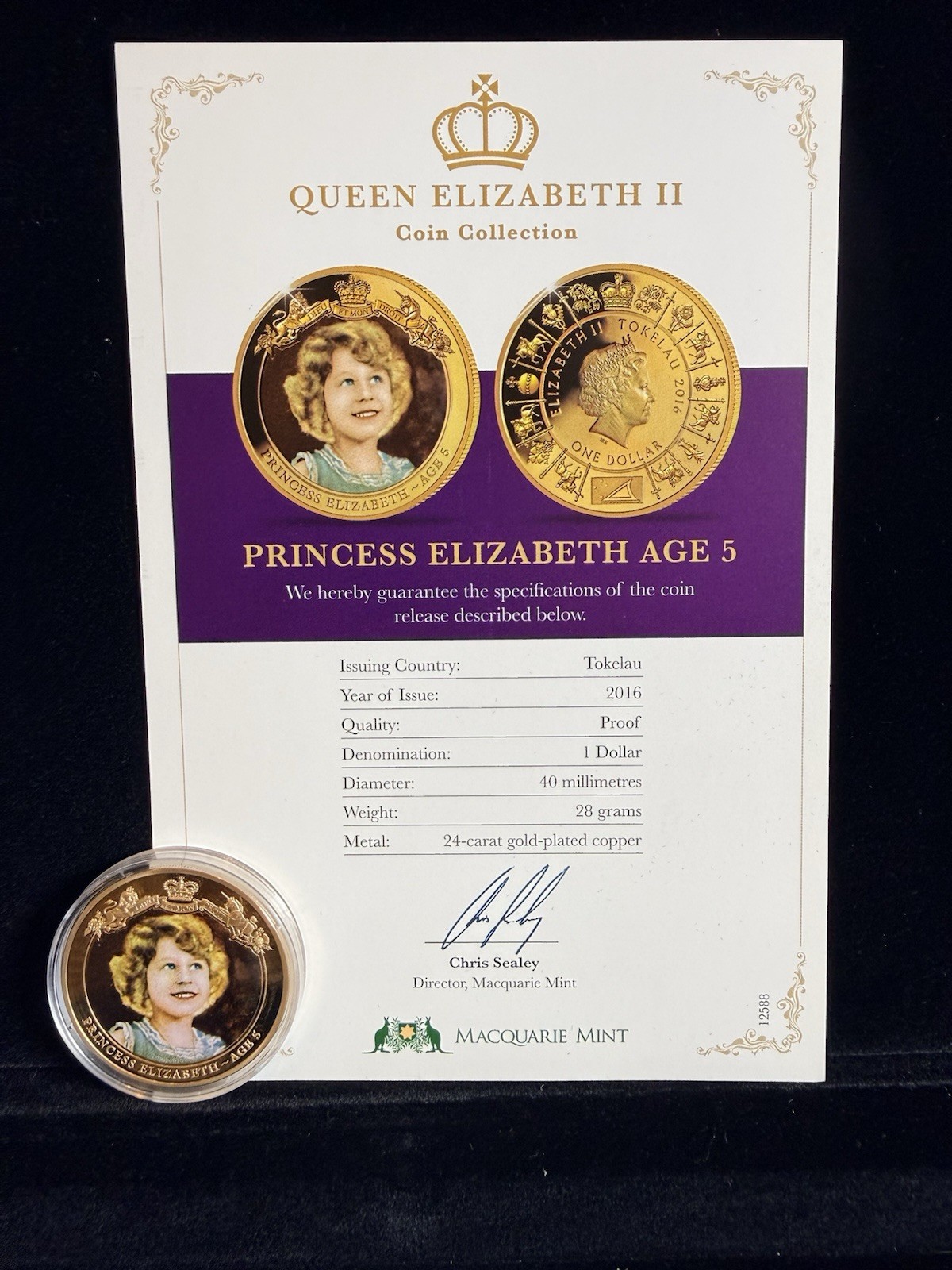 Queen Elizabeth II Tokelau $1 Proof Coin 2016 Princess Elizabeth Age 5 Signed