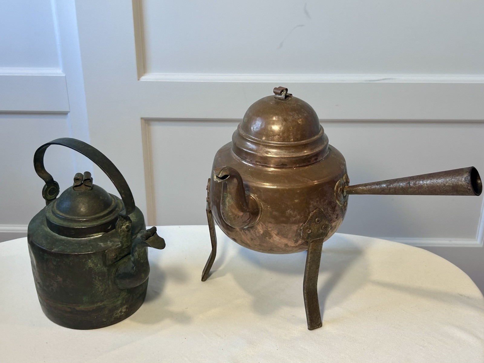 Lot of 2 Antique 1800’s Swedish Handmade Copper Hearth Tea Pots/Kettles
