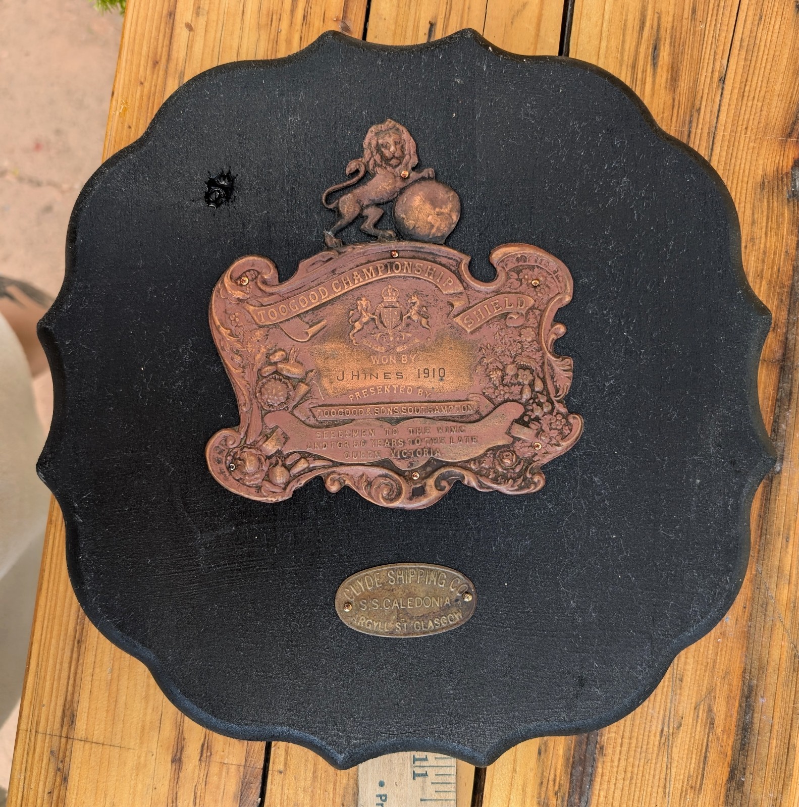 AUTHENTIC ANTIQUE 1910 TOOGOOD SEED CHAMPIONSHIP SHIELD & CLYDE SHIPPING CO. EMB