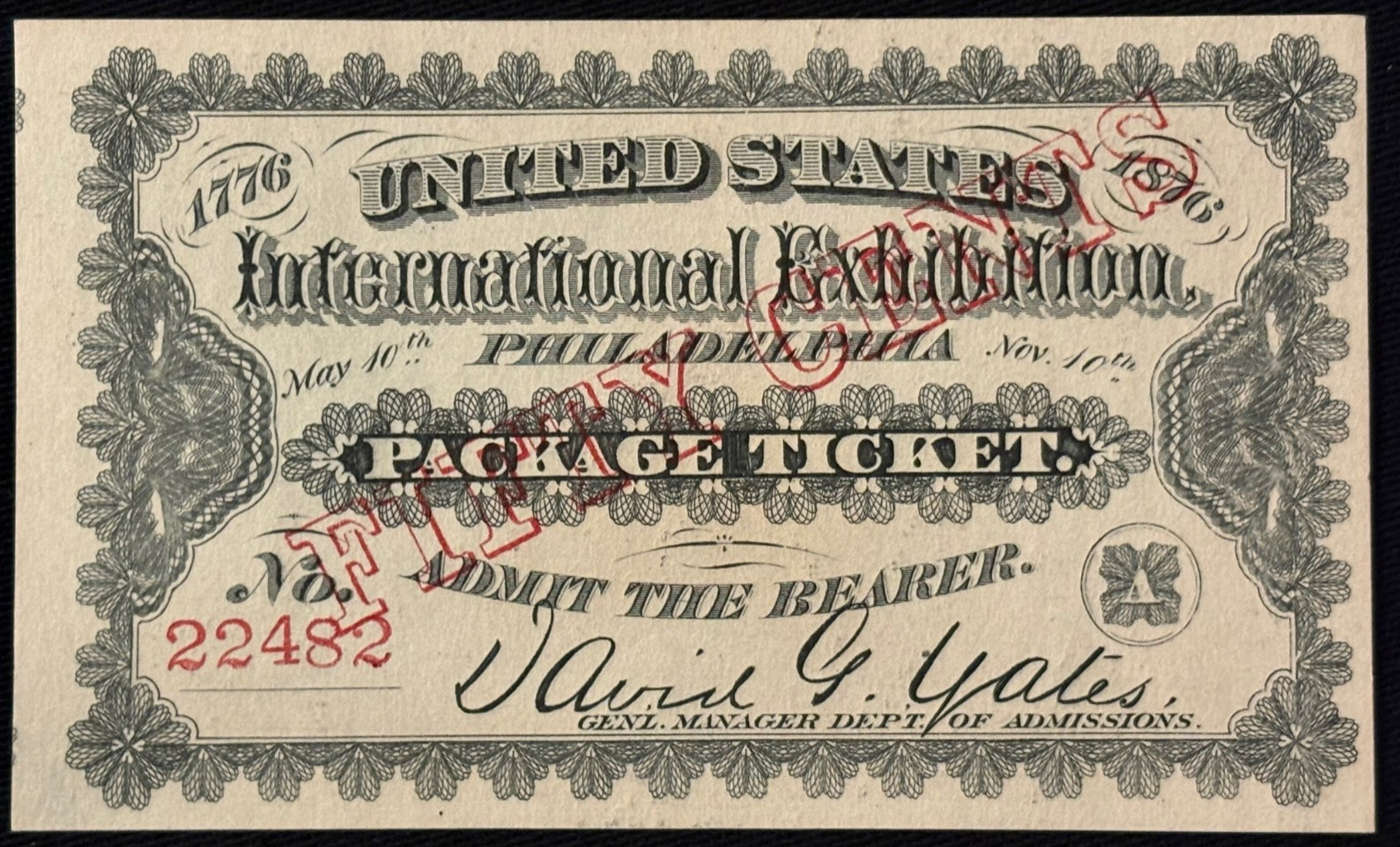 Original 1876 U.S. Centennial International Exhibition Phila Package Ticket