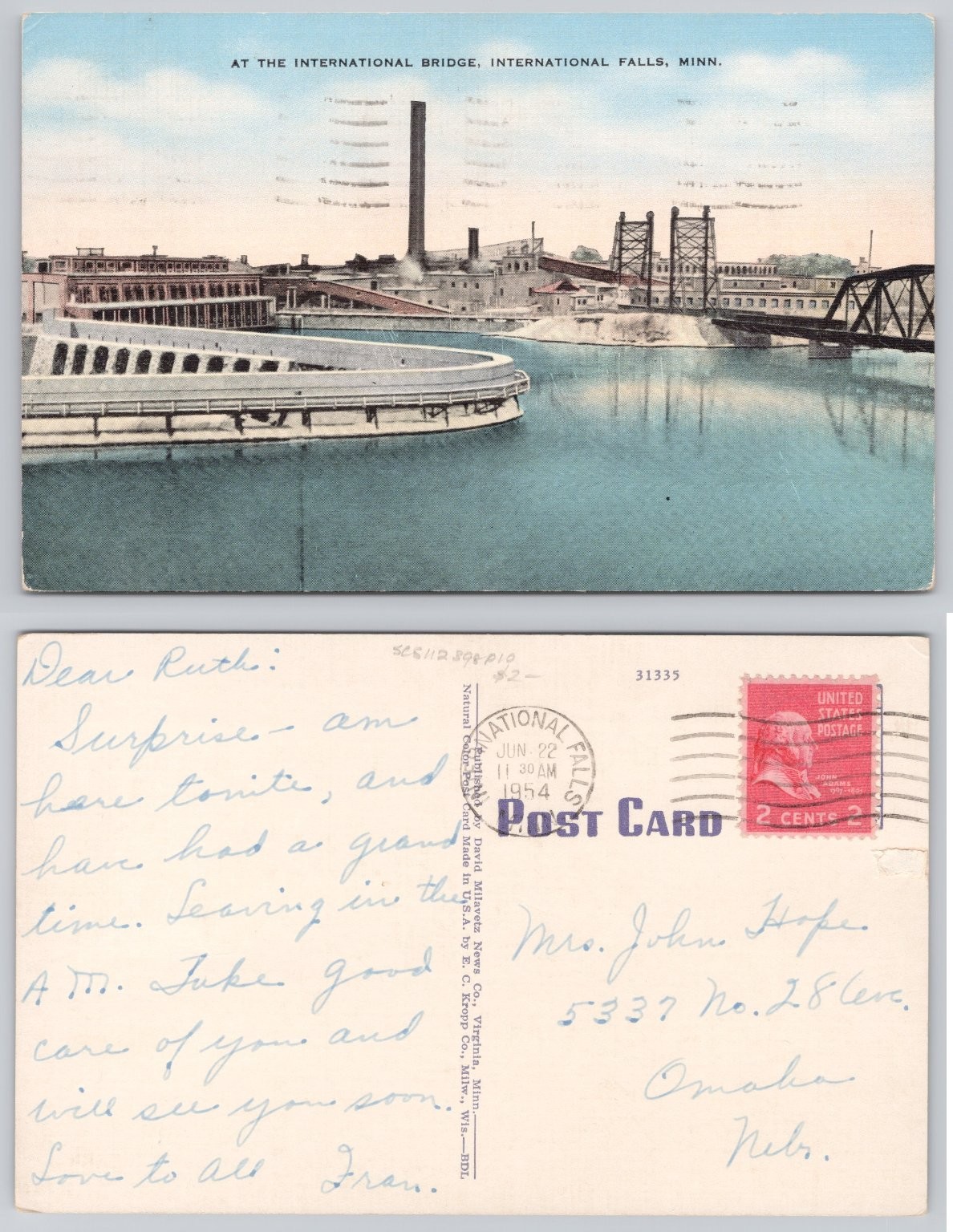 International Falls MN International Bridge 1954 Postcard Paper Mill