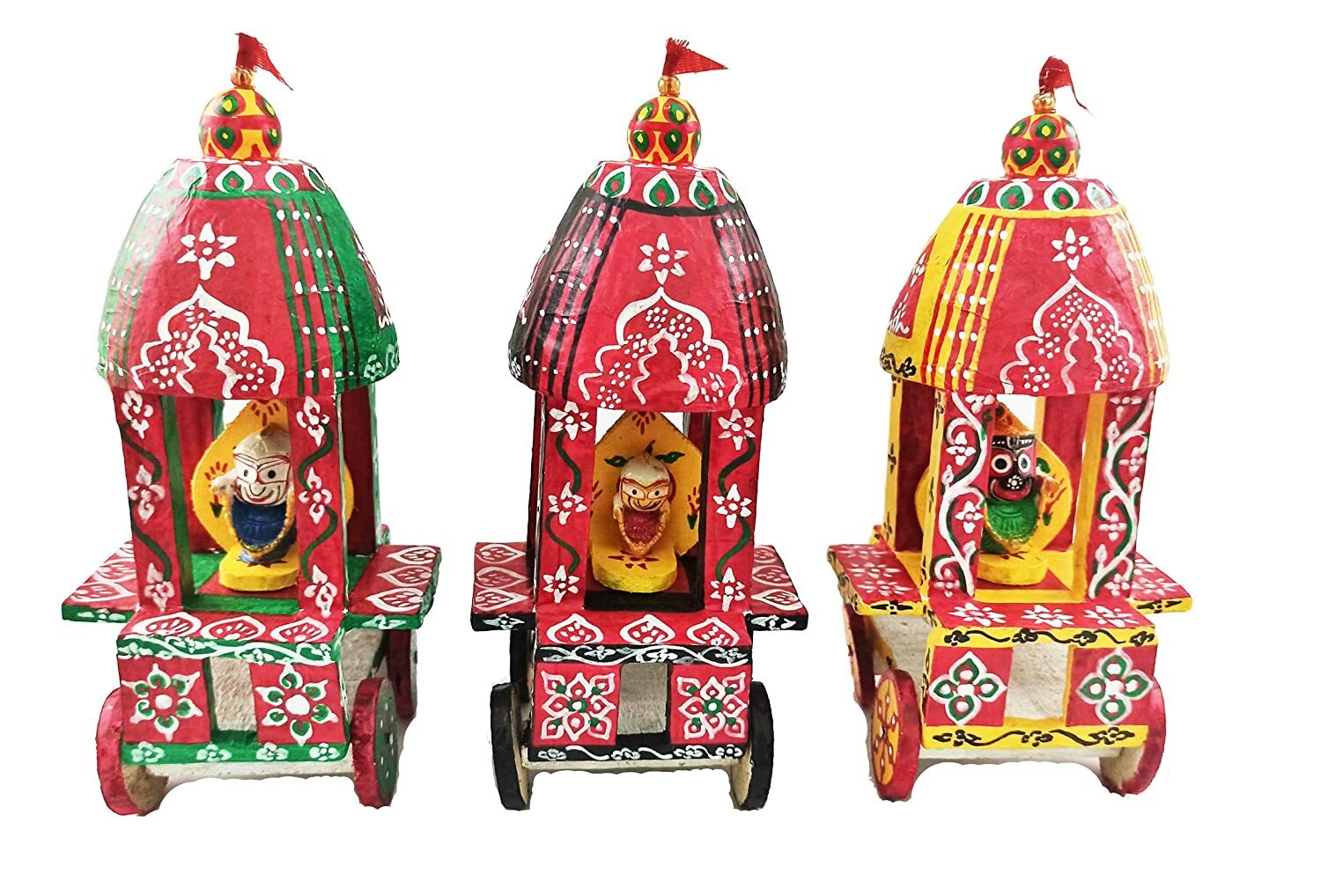 3 PCs Chariots of Lord Jagannath, Balabhadra, Subhadra, Puri Handmade Wooden..