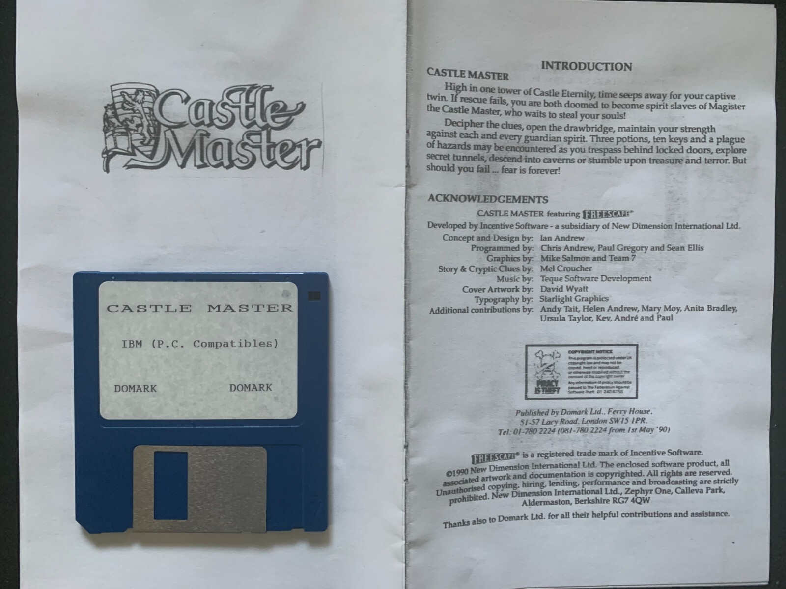 Castle Master IBM 3.5 inch Disk, 3D Action Adventure-Disk+copy of manual NO BOX