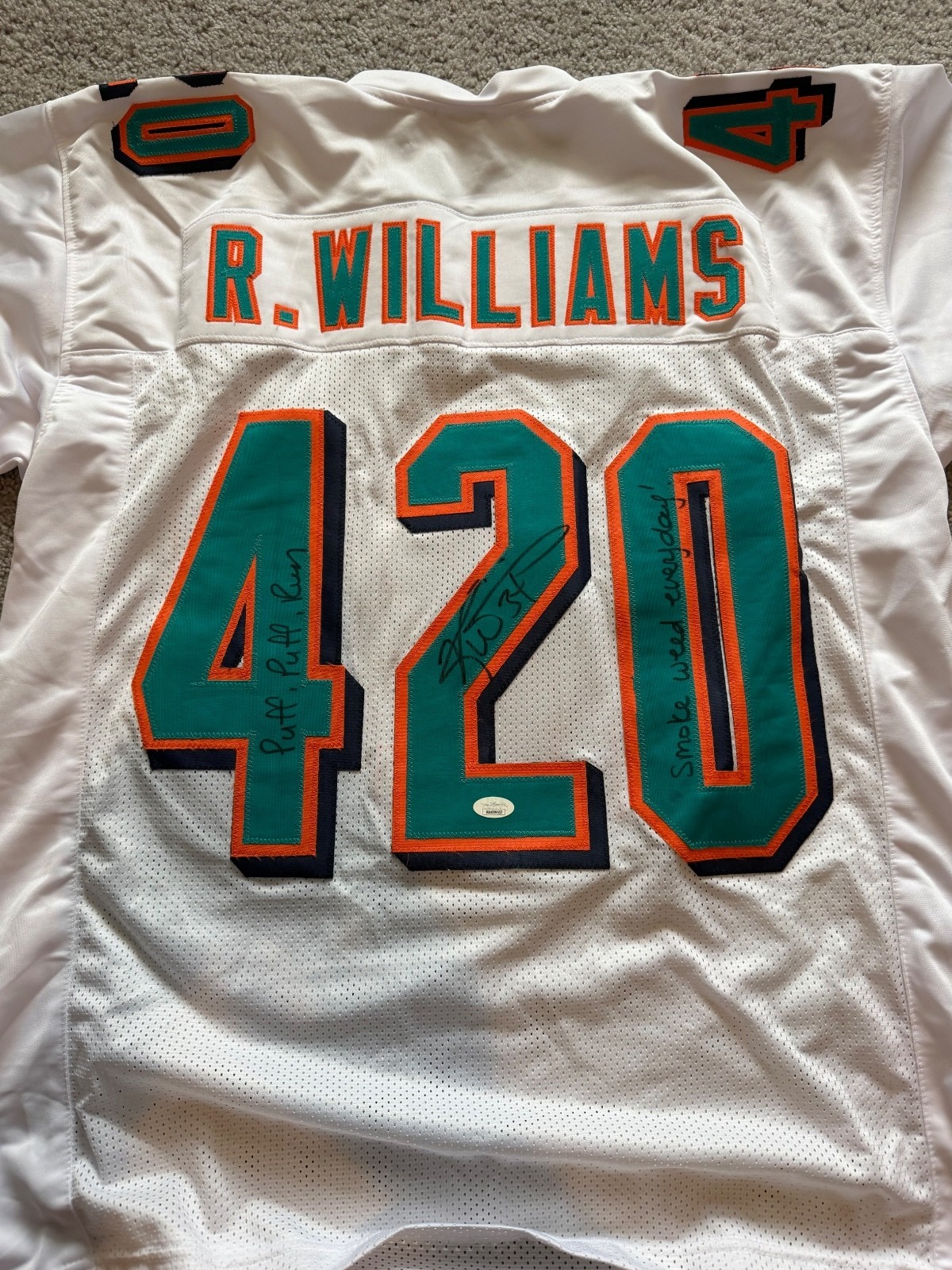 Ricky Williams signed 420 Dolphins custom jersey puff puff run JSA COA
