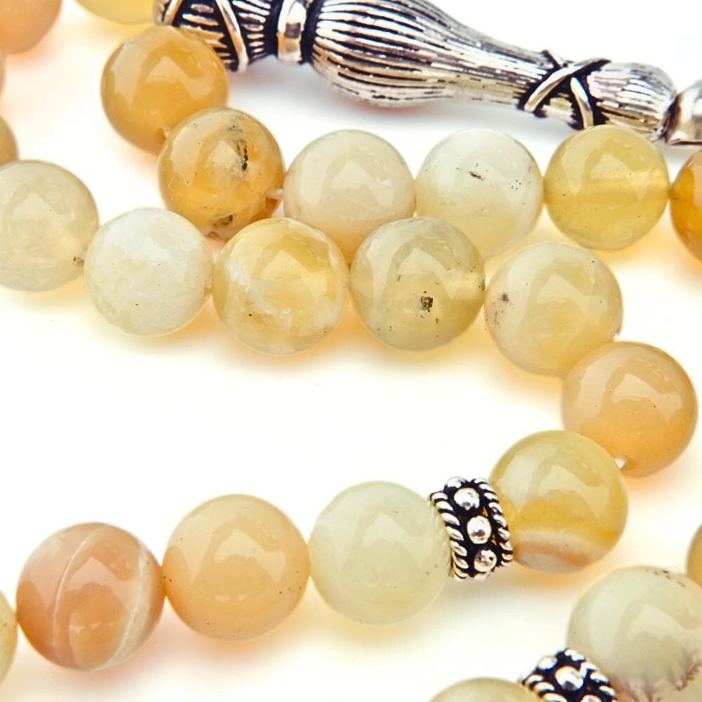 Real Yellow Opal Gemstone 33 beads, 925 sterling silver metals Tesbih 113006