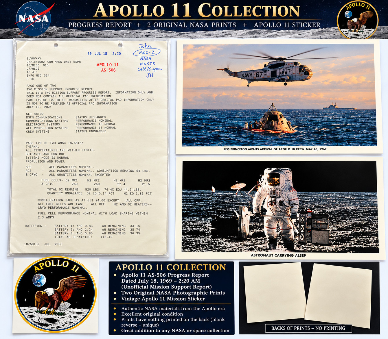 Apollo 11 1969 NASA Flight Progress Report + 2 Space Prints & Mission Sticker