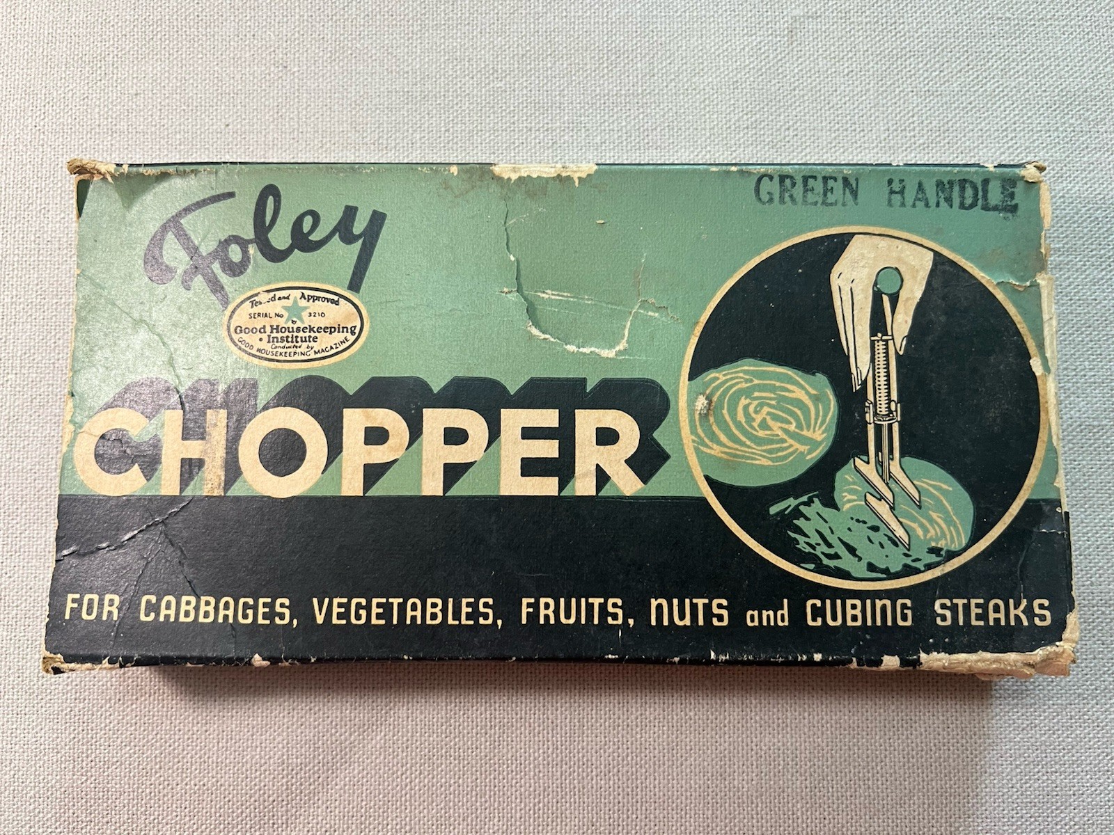 VTG Foley Chopper  3 Stainless Blades Green Handle Made USA  in original box