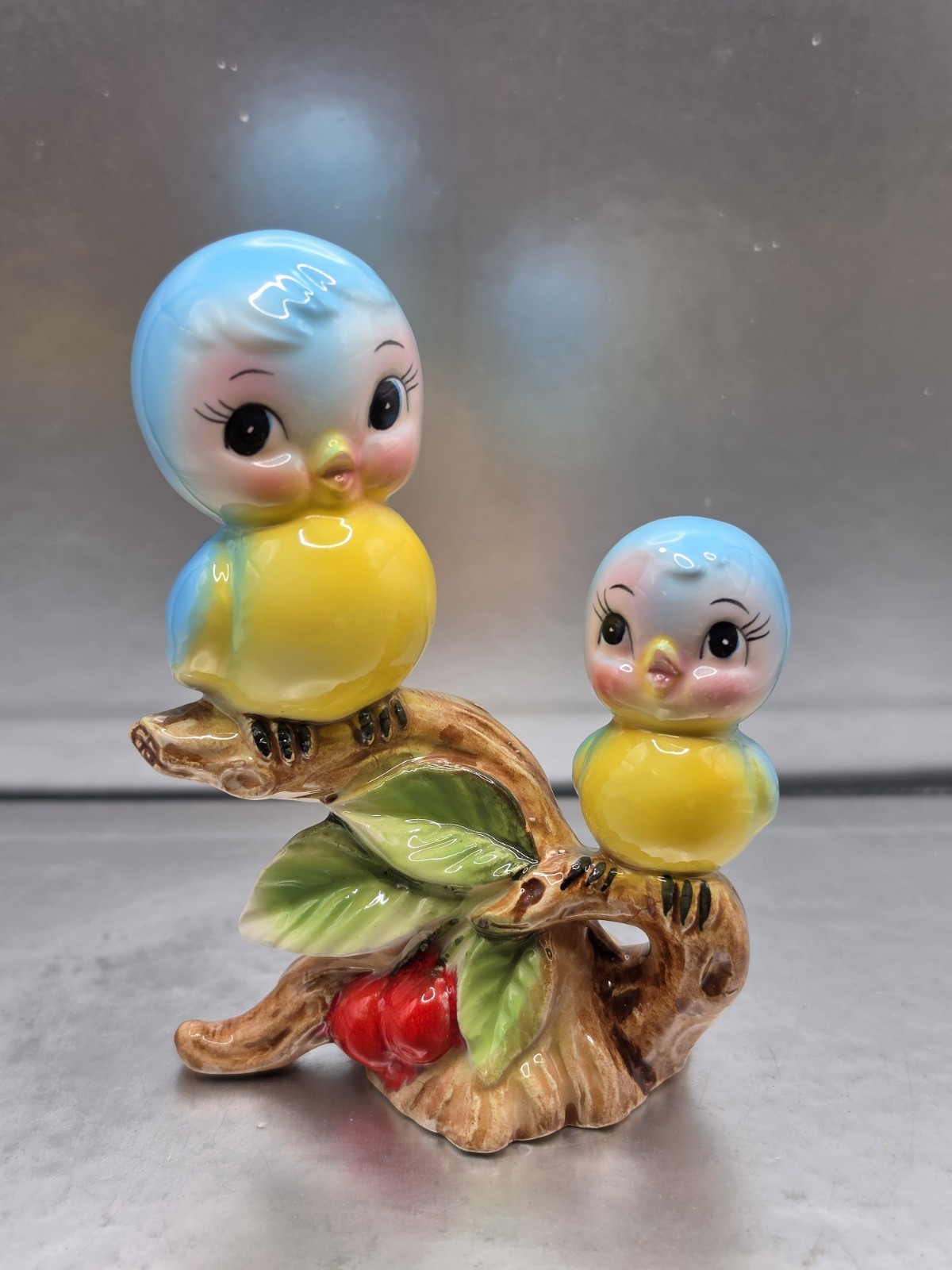 Vtg Anthropomorphic Bluebirds Ceramic Figurine Two Birds on Cherry Branch Japan
