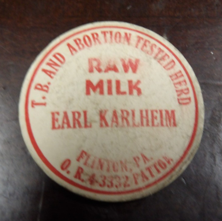 Vintage 1950\'s Earl Karlheim Dairy Milk Bottle Cap Flinton Pa Raw Milk T.B. Test