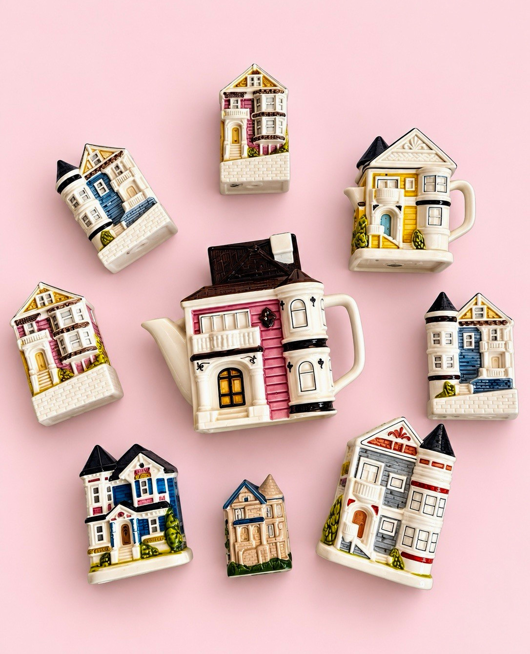 Vintage Otagiri Japan Victorian Ceramic Houses Teapots Miniatures 12 Piece Lot