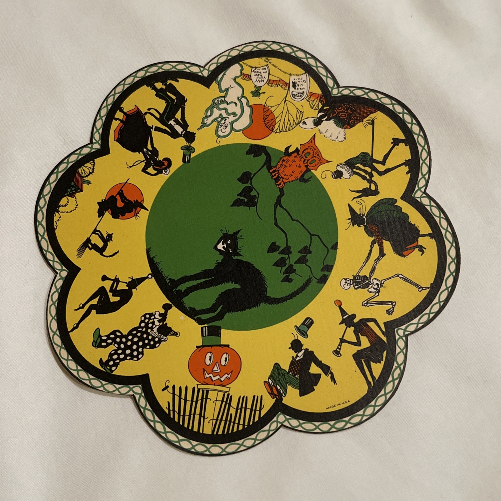 vtg 1920's Whitney Halloween Paper Doily Coaster #1  diecut witch ghost skel #F2