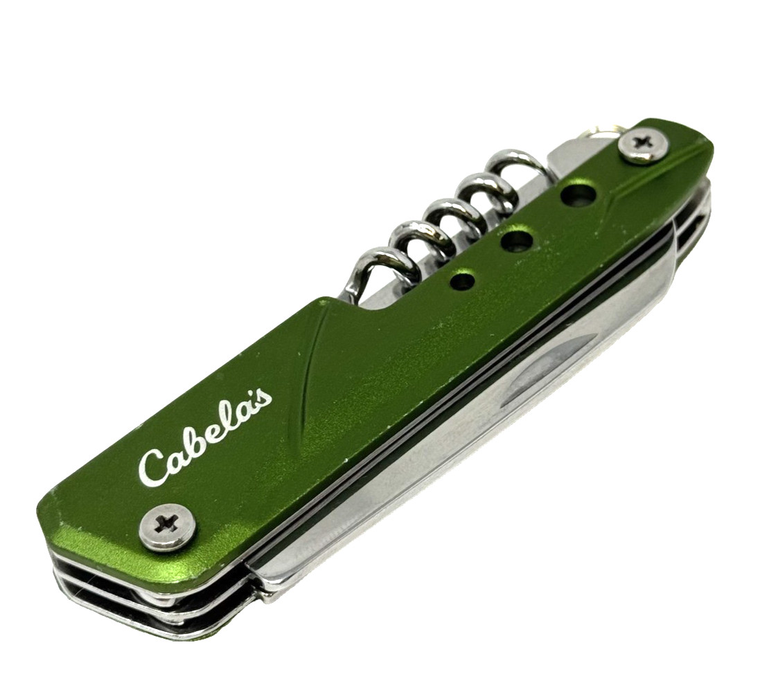 Cabela's Multi Tool Pocket Knife Green Aluminum Corkscrew Bottle Opener Camping
