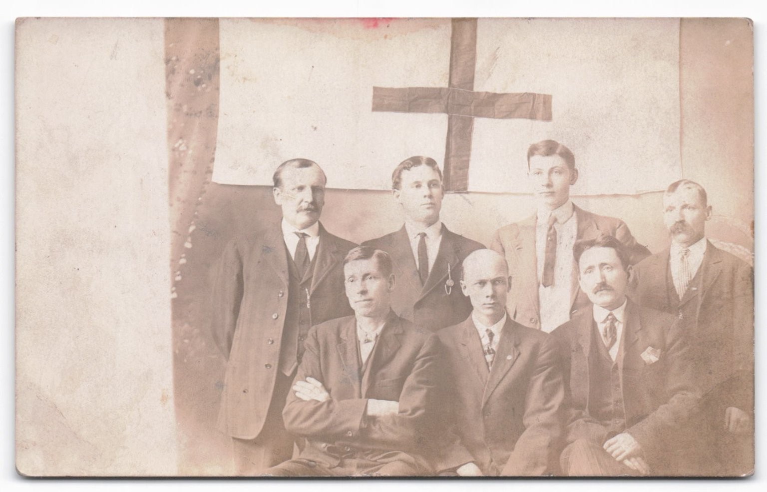 RPPC Edwardian WWI Era Men Group Portrait Red Cross Flag Type Symbol Postcard