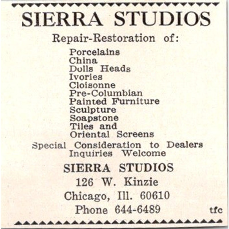 Sierra Studios Repair-Restoration Of Porcelains Chicago IL 1973 Ad SAI4-S72