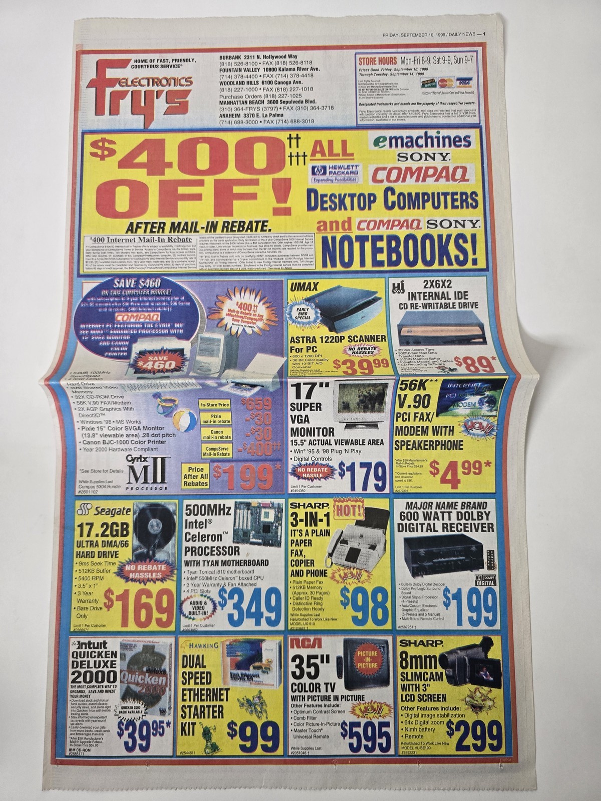 1999 Fry\'s Electronics Y2K Computer Ad eMachines Compaq Sony 22in Foldout