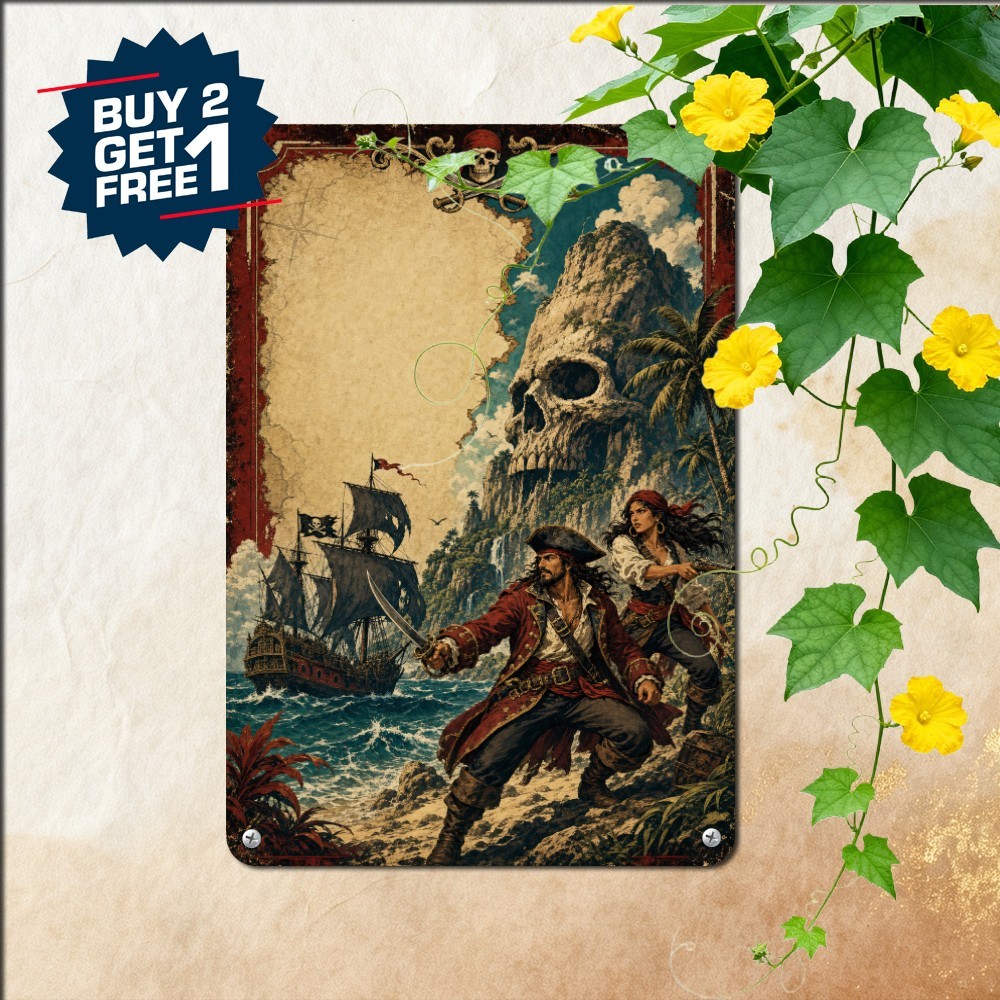 Retro Pirate Island Adventure 16-Bit Computer Game Art Plaque Metal Tin Sign